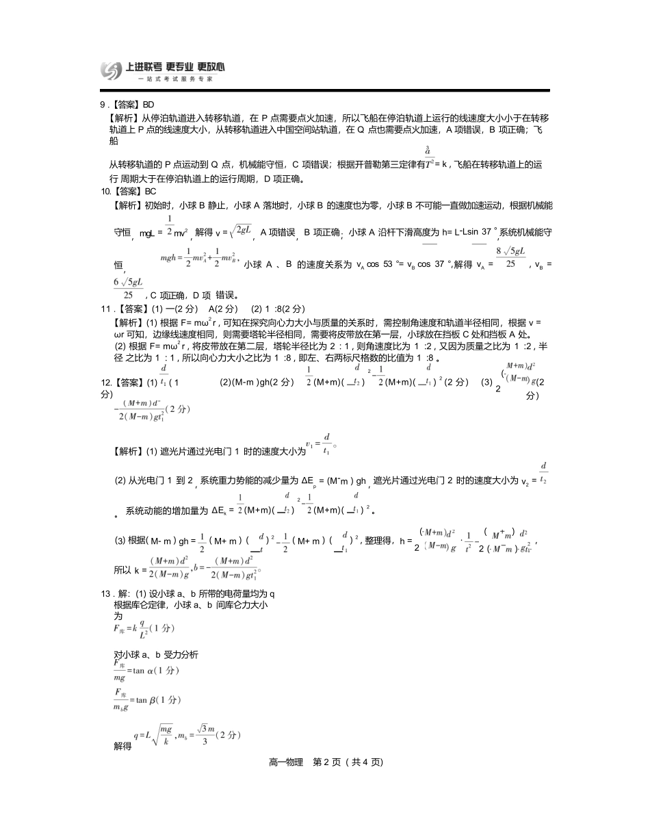 【物理试卷答案】【江西卷】【高一下期末考】江西省上进联考2024-2025学年下学期高一年级6月期末考试(稳派智慧上进联考)（6.28-6.29）.docx_第2页