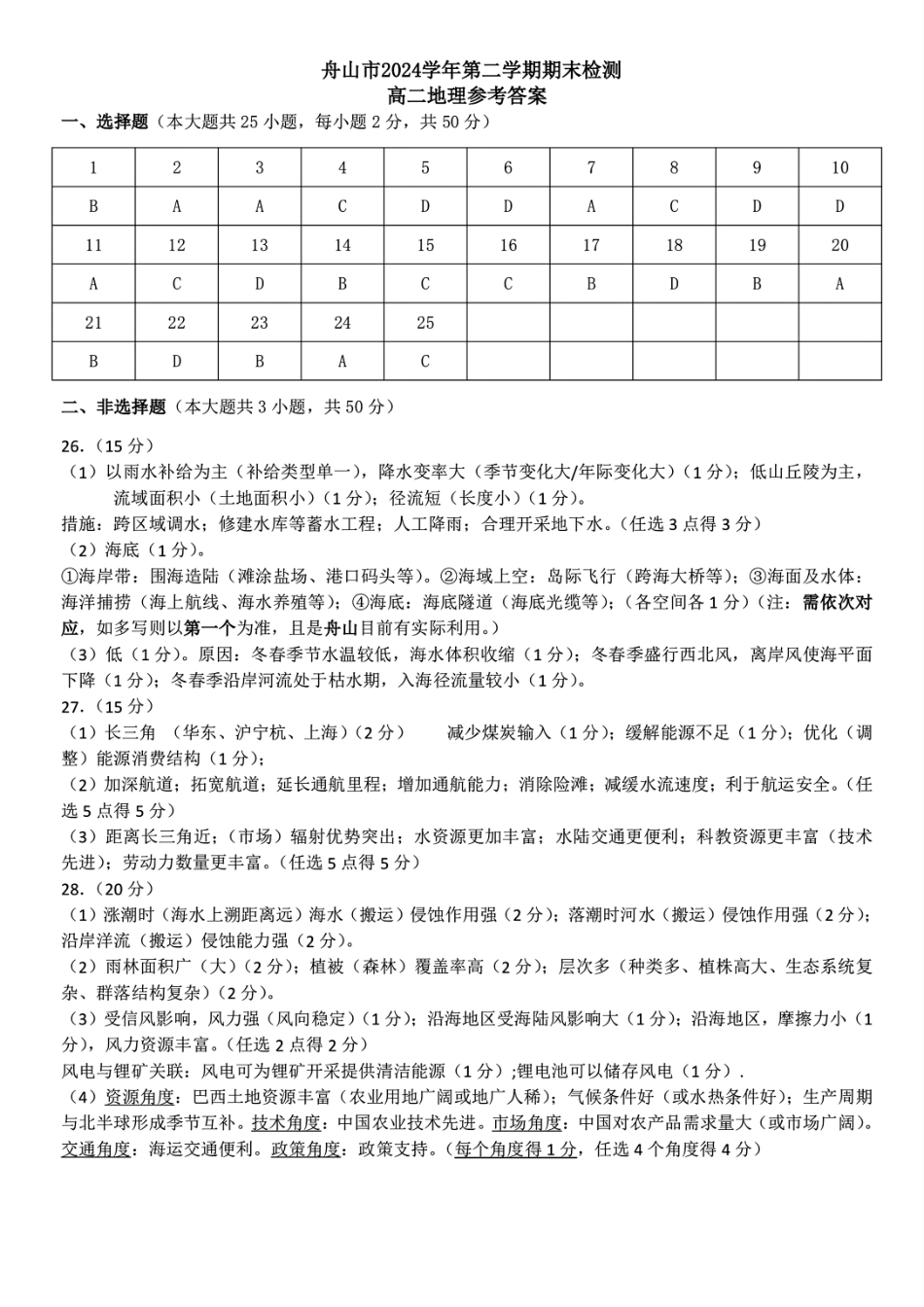 地理答案｜舟山市高二期末统考.pdf_第1页