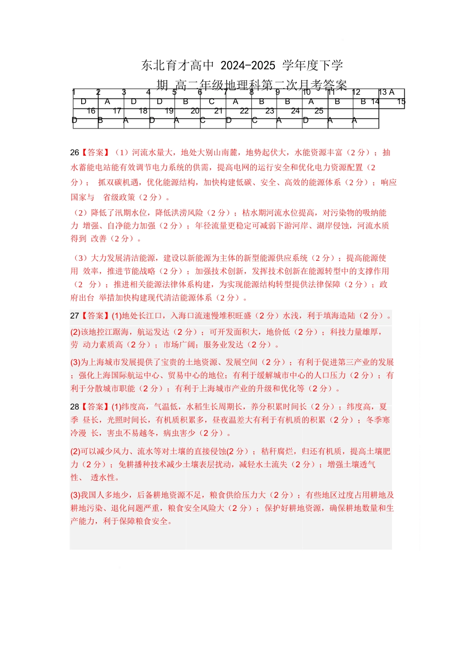 地理试卷答案【Top25强校】【黑吉辽蒙卷】【高二】辽宁省沈阳市东北育才学校2024-2025学年度下学期高二年级第二次月考(6.4-6.5).docx_第1页