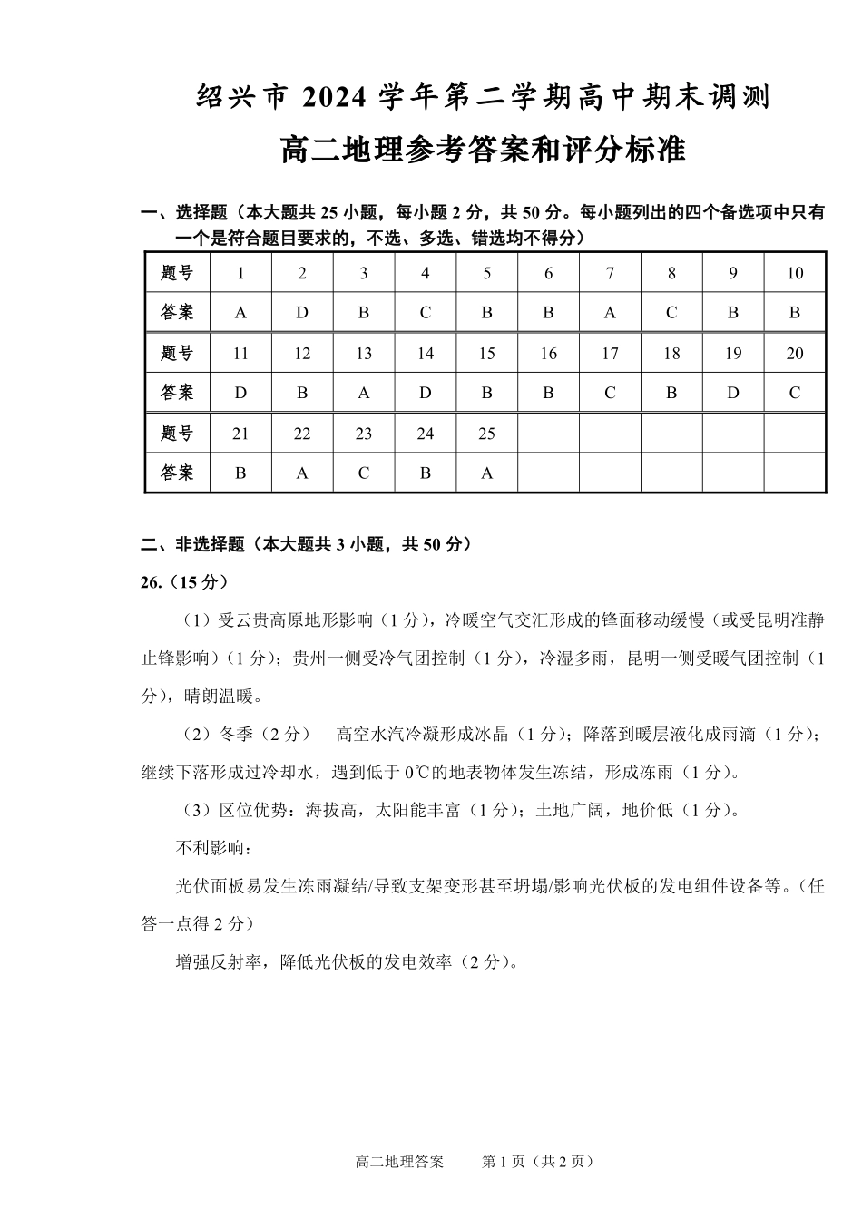 地理试题卷｜2506绍兴高二下期末统考答案【浙江卷】【高一下期末考】浙江省绍兴市2024学年第二学期高中高二年级期末调测（6.25-6.27）.pdf_第1页