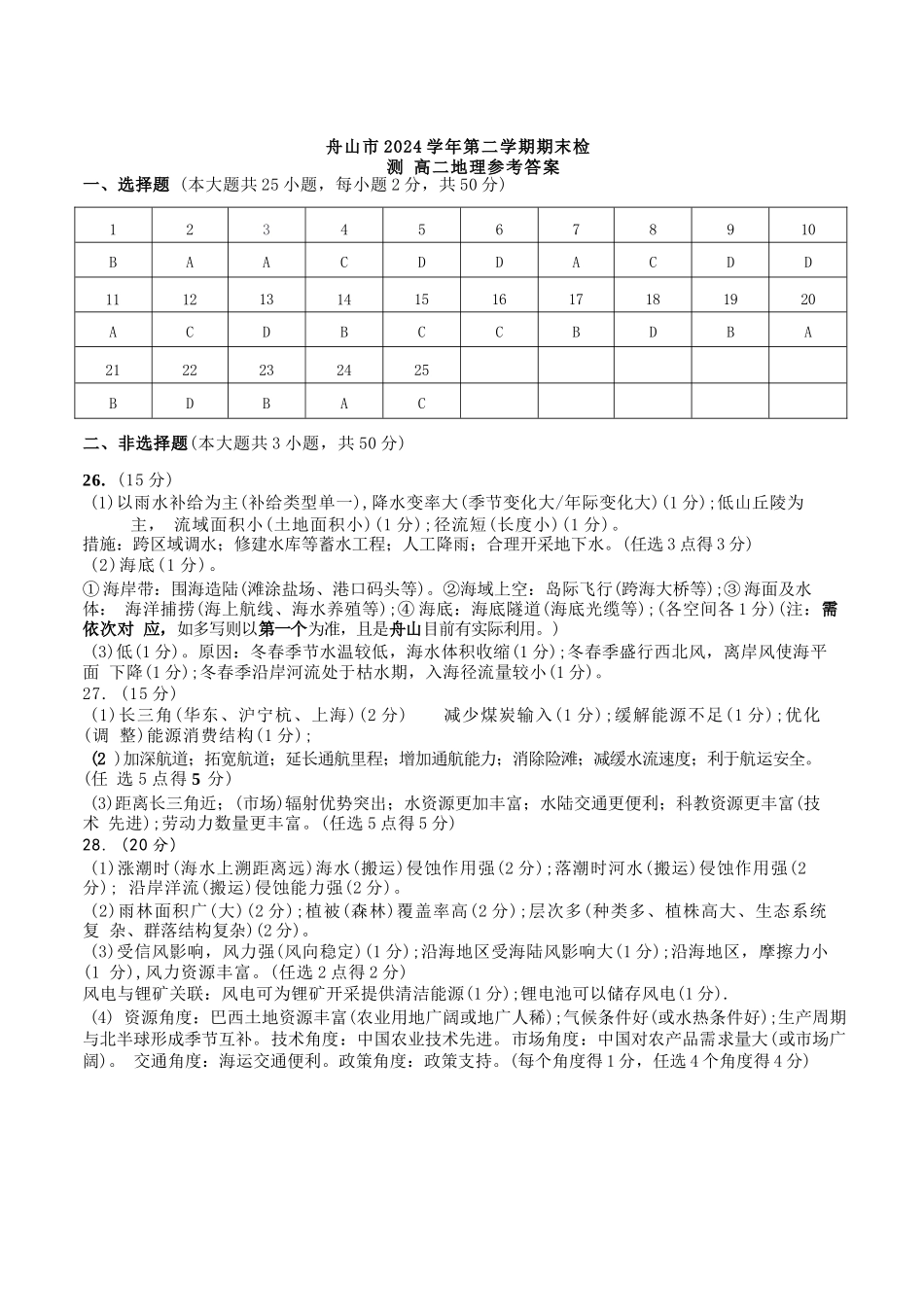 地理试题卷｜2506舟山高二下期末统考答案【浙江卷】【高二下期末考】浙江省舟山市2024学年第二学期高二年级期末检测（6.25-6.27）.docx_第1页