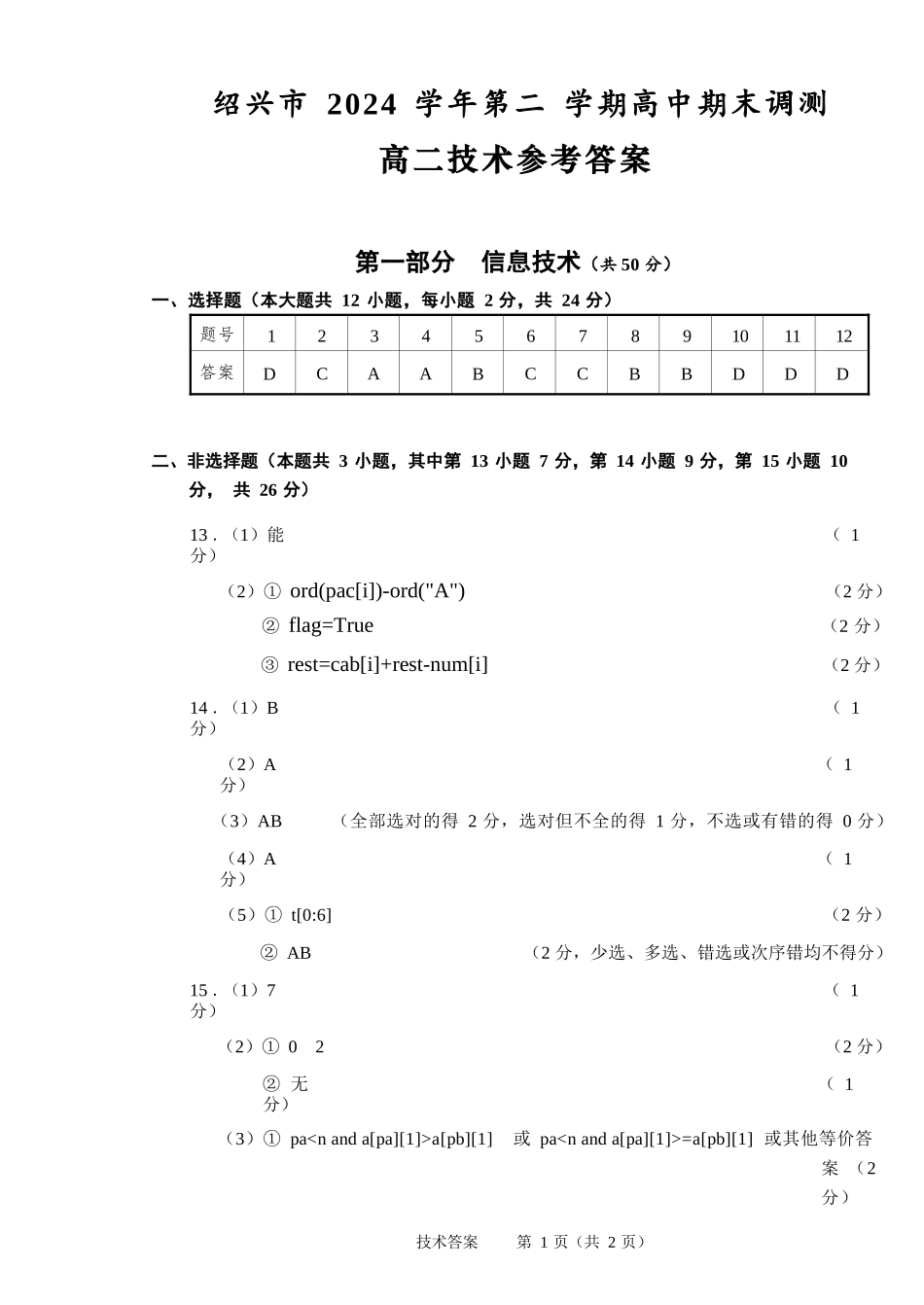 技术试题卷｜2506绍兴高二下期末统考答案【浙江卷】【高一下期末考】浙江省绍兴市2024学年第二学期高中高二年级期末调测（6.25-6.27）.docx_第1页