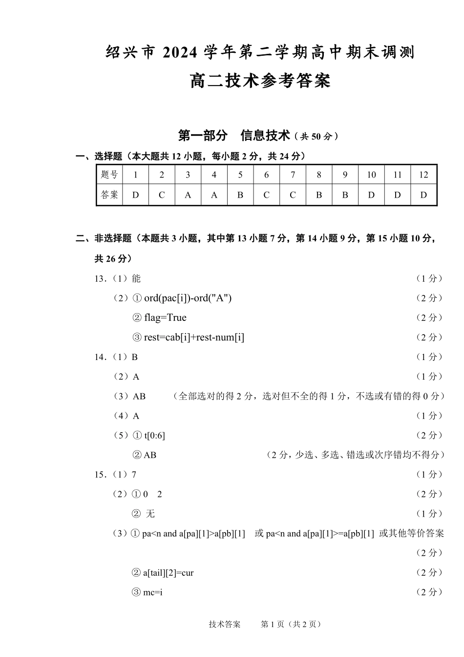 技术试题卷｜2506绍兴高二下期末统考答案【浙江卷】【高一下期末考】浙江省绍兴市2024学年第二学期高中高二年级期末调测（6.25-6.27）.pdf_第1页