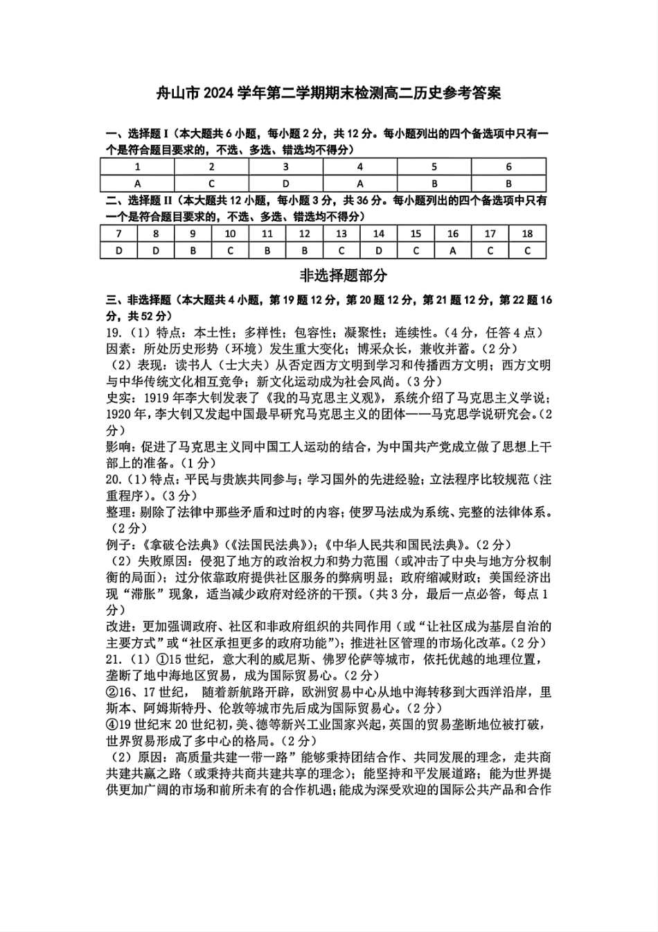 历史答案｜舟山市高二期末统考.pdf_第1页