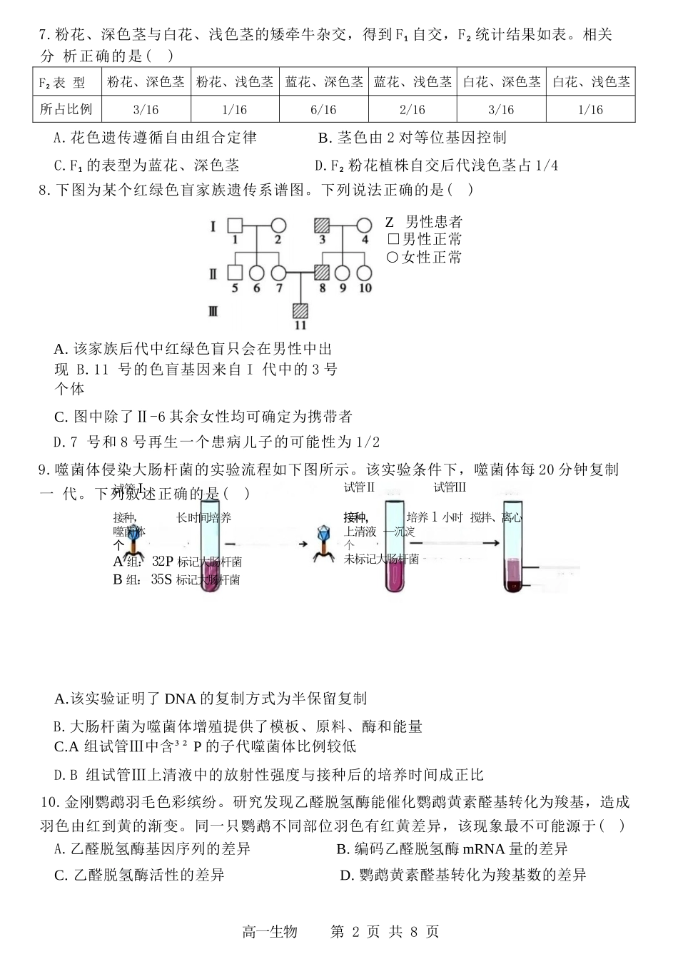 生物试卷【百强校】【黑吉辽蒙卷】【高一下期末考】​黑龙江省哈尔滨第三中学2024-2025学年度下学期高一学年期末考试（7.11-7.12）.docx_第2页