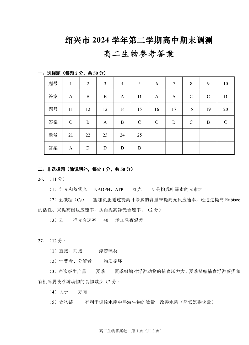 生物试题卷｜2506绍兴高二下期末统考答案【浙江卷】【高一下期末考】浙江省绍兴市2024学年第二学期高中高二年级期末调测（6.25-6.27）.pdf_第1页