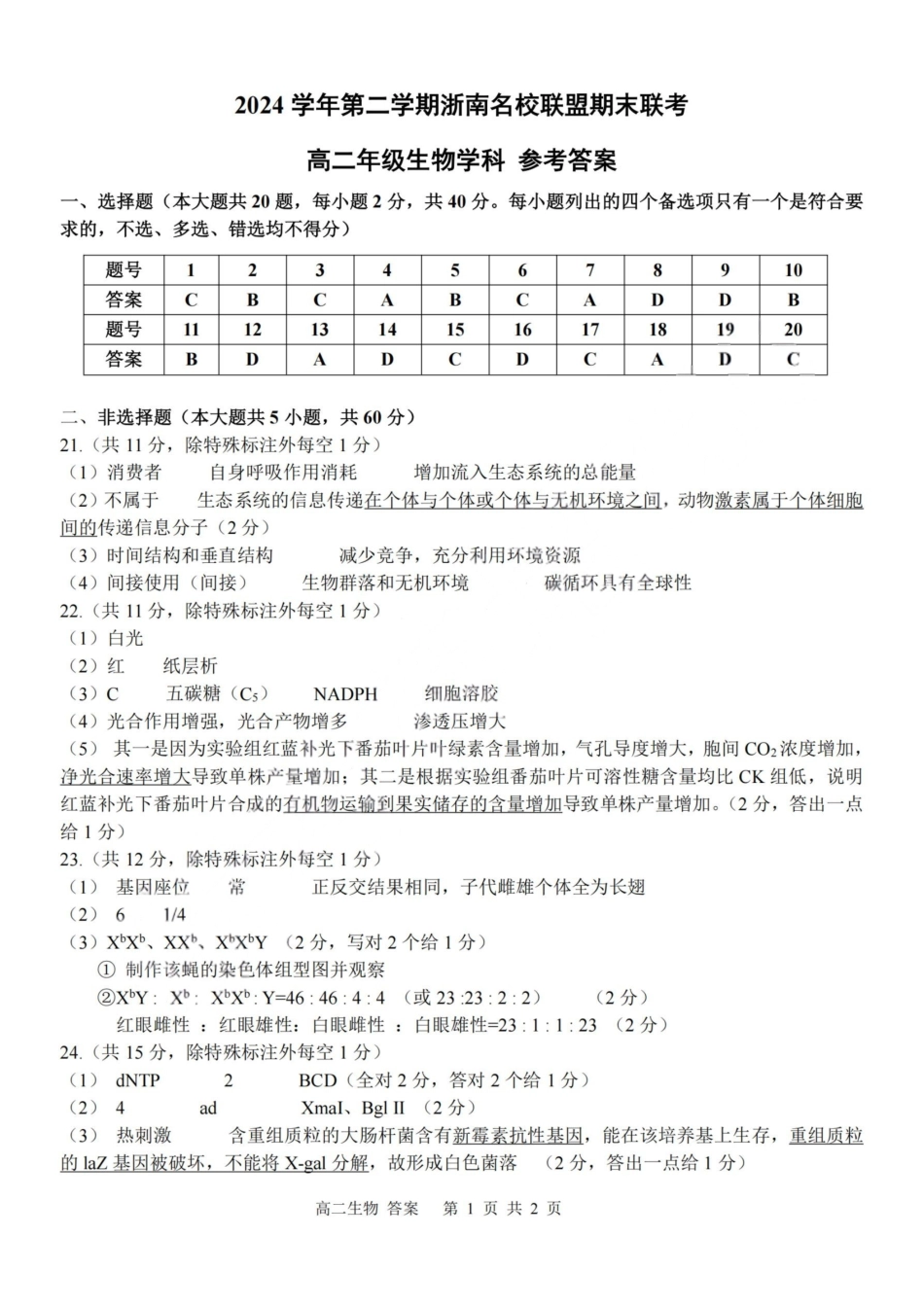 生物试题卷｜2506浙南名校联盟高二下期末统考答案【浙江卷】【高二下期末考】浙江省2024学年第二学期2025年6月浙南名校联盟高二年级期末联考（6.25-6.27）.pdf_第1页