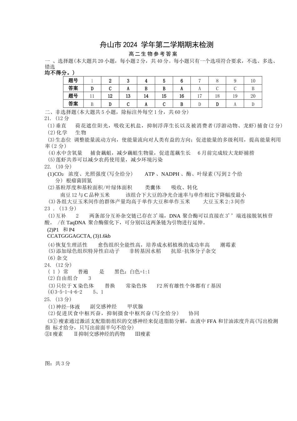生物试题卷｜2506舟山高二下期末统考答案【浙江卷】【高二下期末考】浙江省舟山市2024学年第二学期高二年级期末检测（6.25-6.27）.docx_第1页