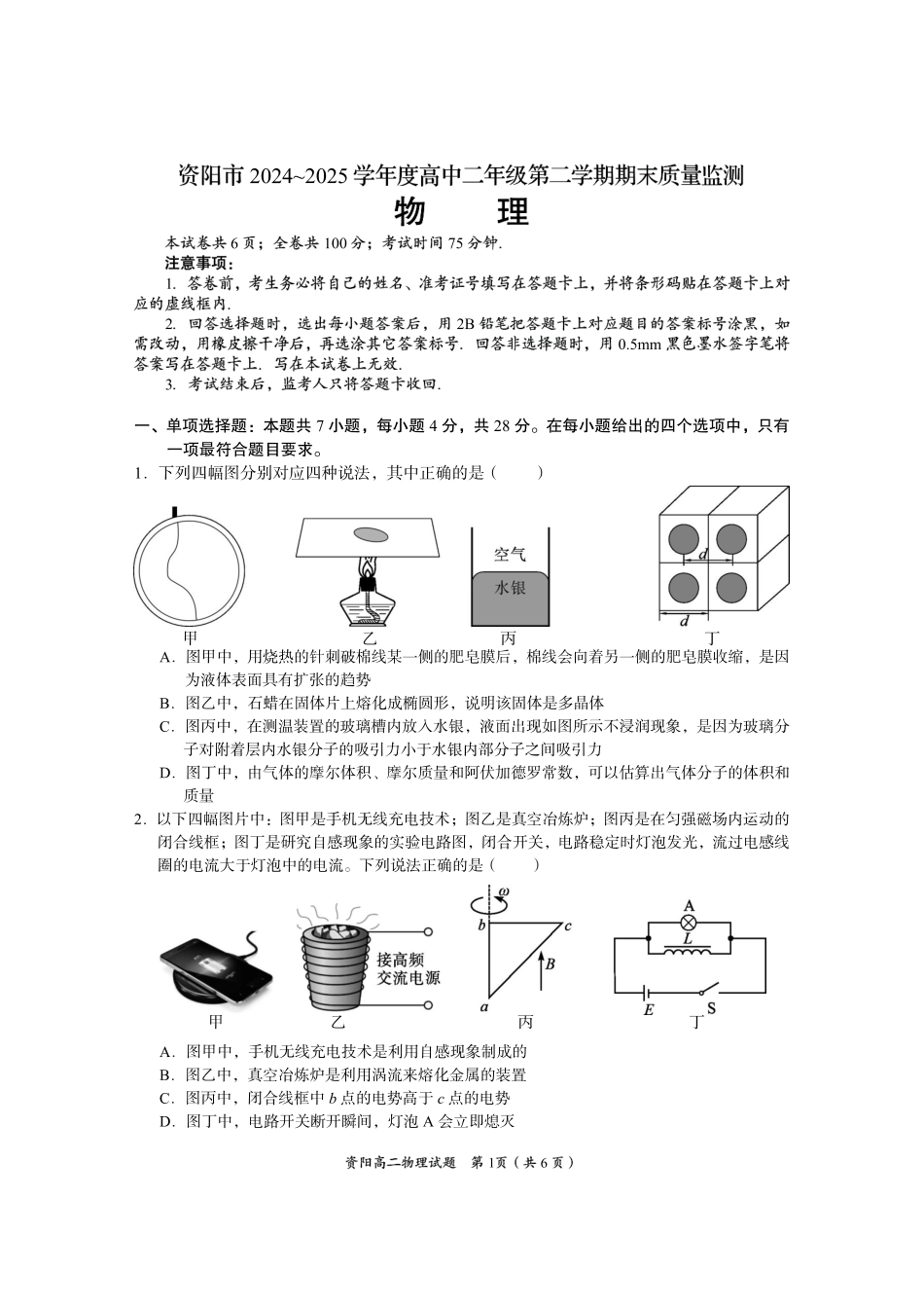 四川省资阳市2024-2025学年高二下学期期末质量监测物理.pdf_第1页