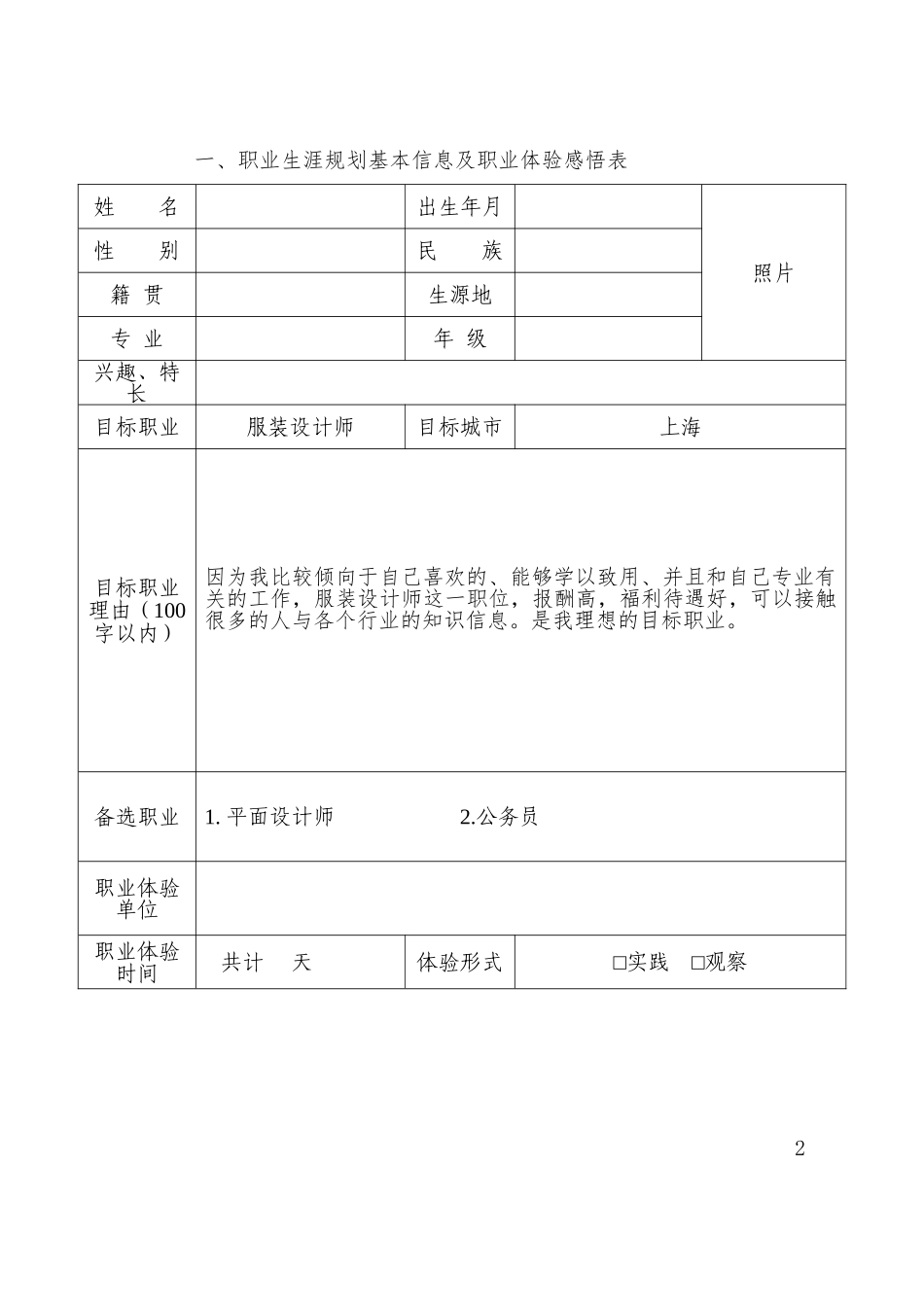 1服装工艺与设计专业-大学生职业规划书.doc_第2页