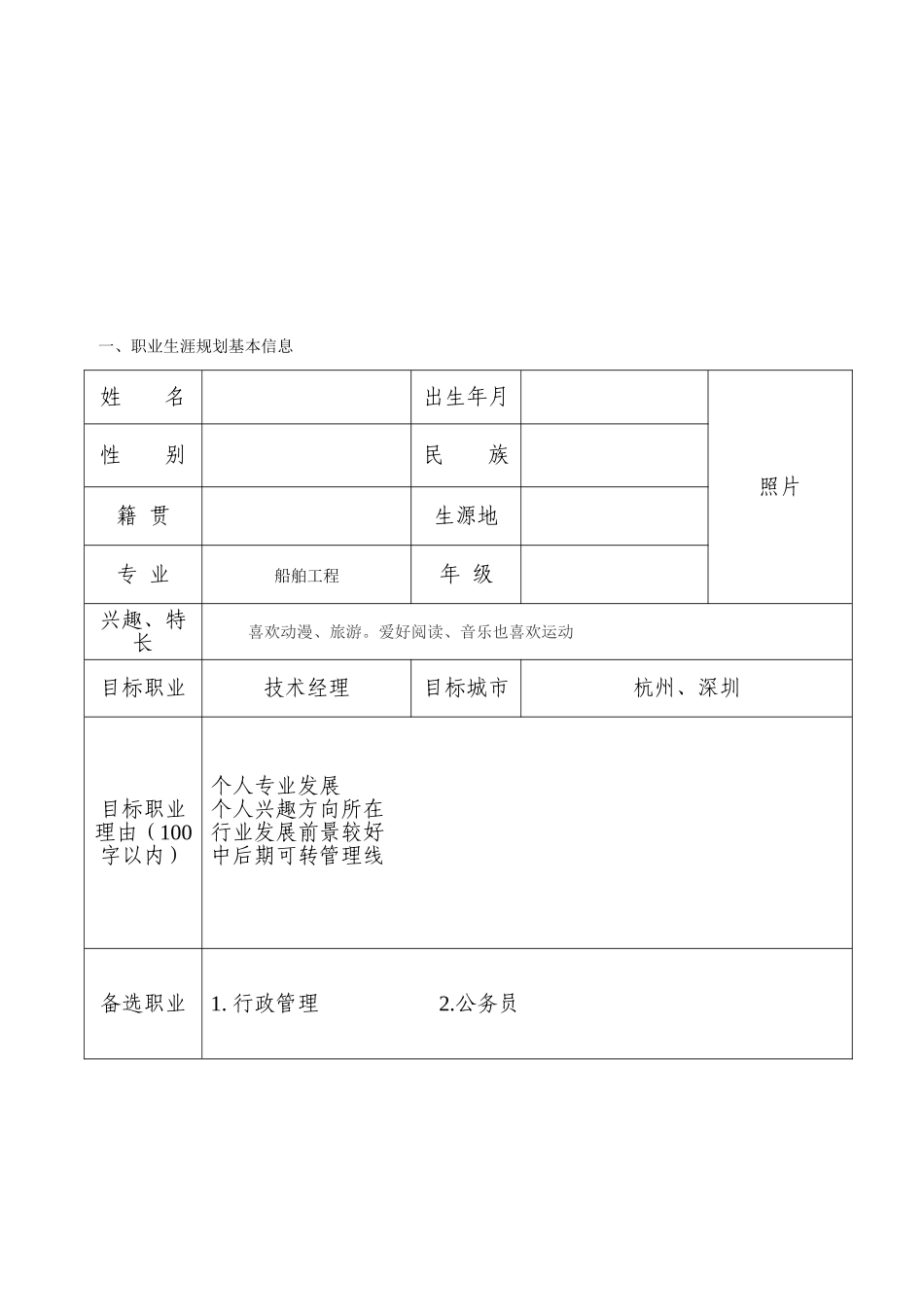 1船舶工程专业-大学生职业规划书.doc_第1页