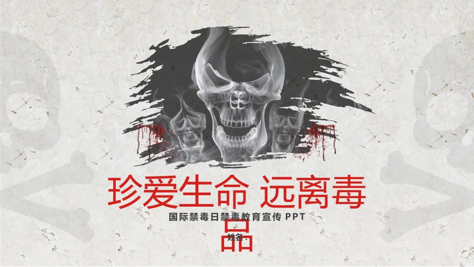 灰色骷髅头背景的“珍爱生命远离毒品”国际禁毒日禁毒教育宣传PPT模板下载.pptx_第1页