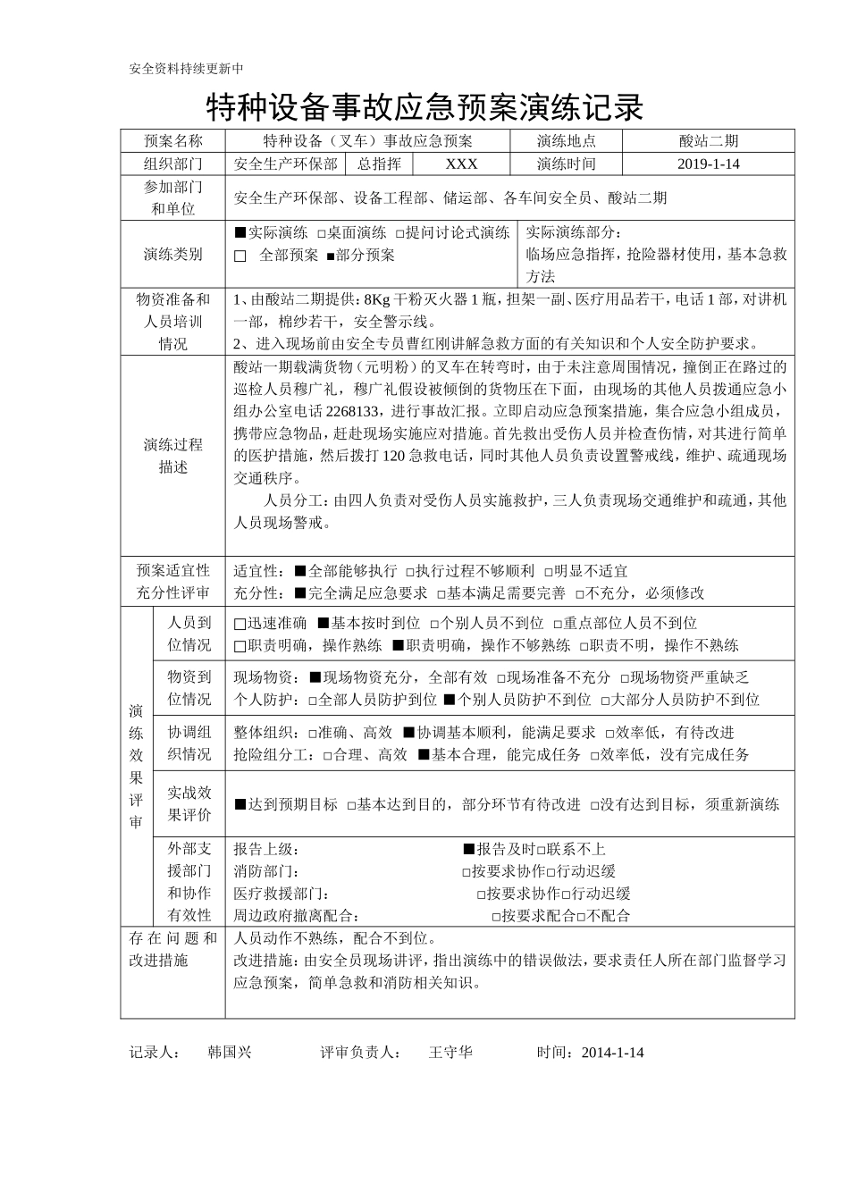 【演练方案】特种设备事故应急预案演练记录-叉车.doc_第1页