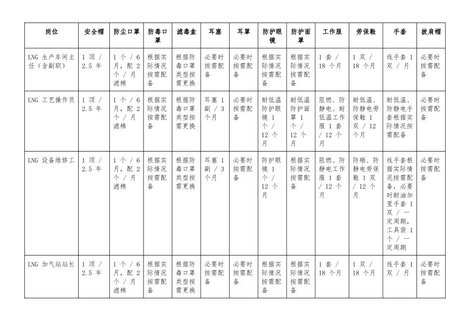 LNG系统职业健康防护用品配备表（含发放标准）.docx_第1页