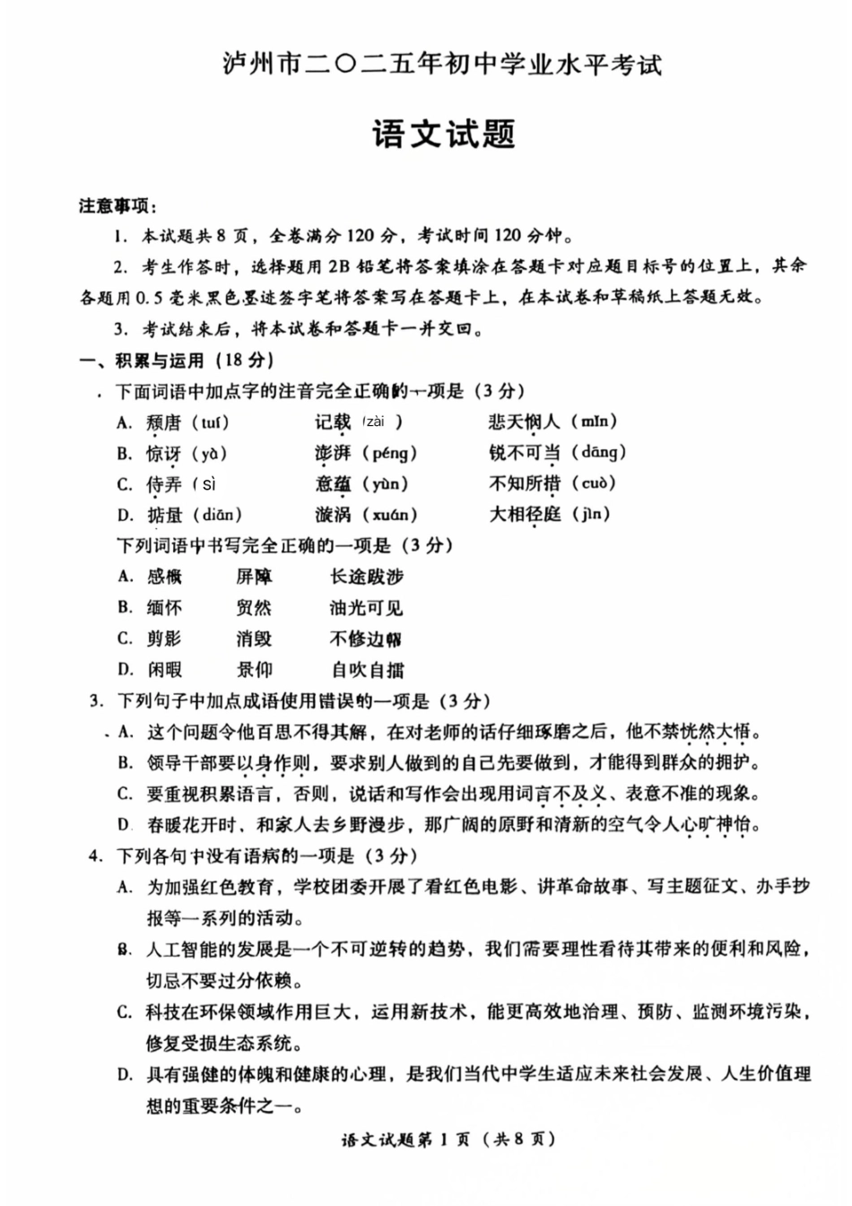 2025泸州市中考语文真题.pdf_第1页