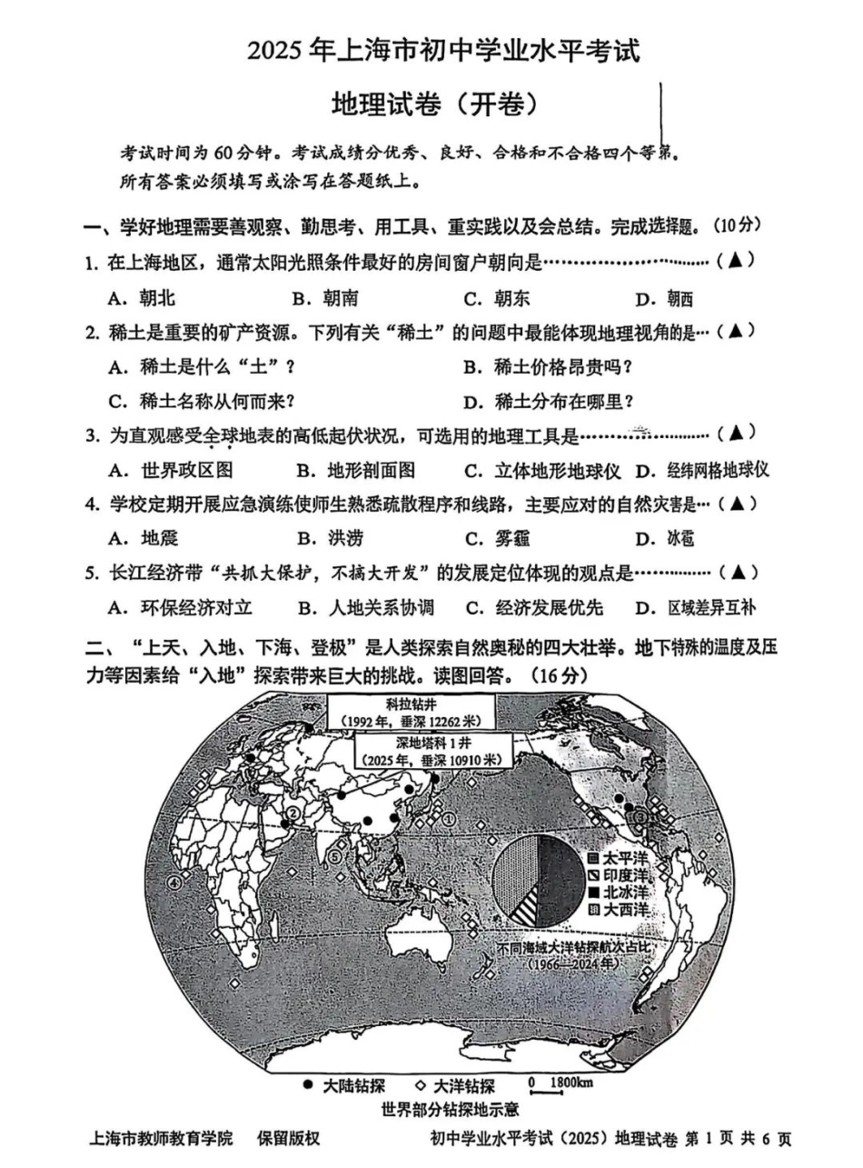 2025上海中考地理真题及答案.pdf_第1页