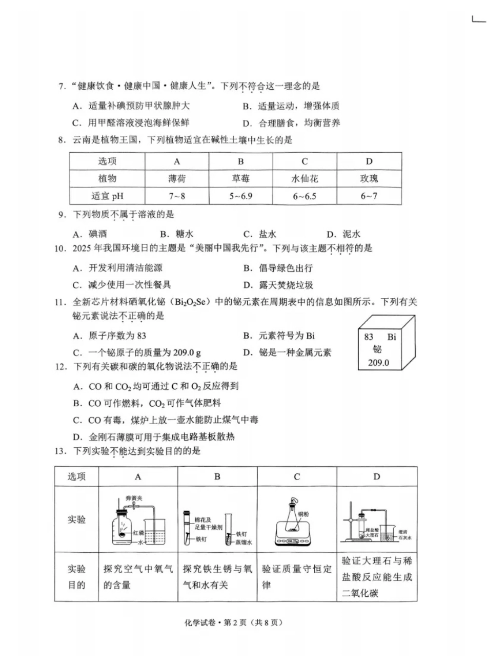 2025云南中考化学真题试卷.pdf_第2页