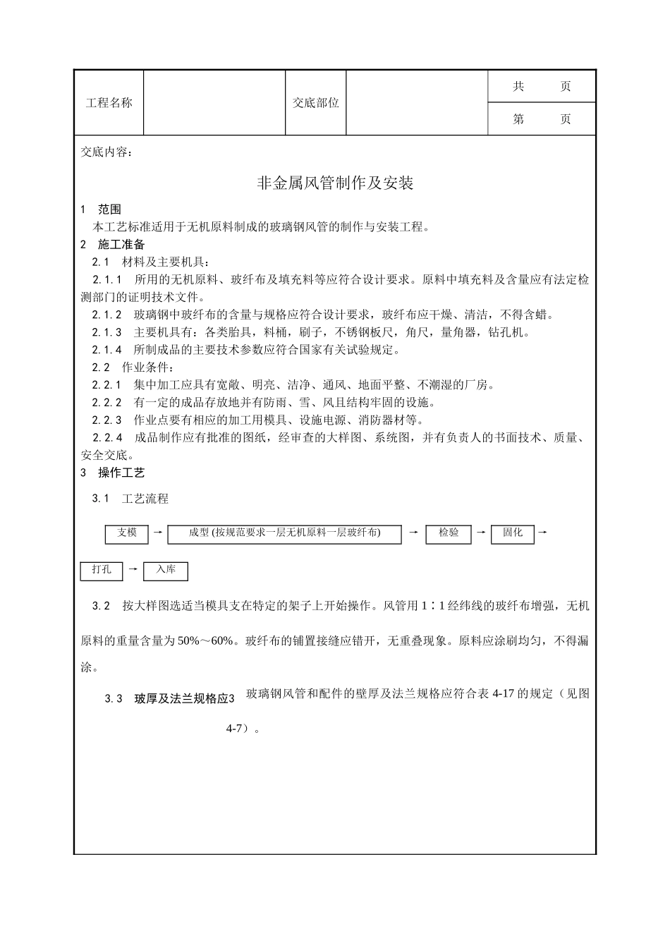 全套建筑工程、安装工程施工技术交底及安全交底-002_非金属风管制作及安装工艺.doc_第1页