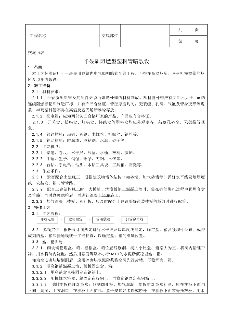 全套建筑工程、安装工程施工技术交底及安全交底-003_半硬质阻燃型塑料管暗敷设工艺.doc_第1页