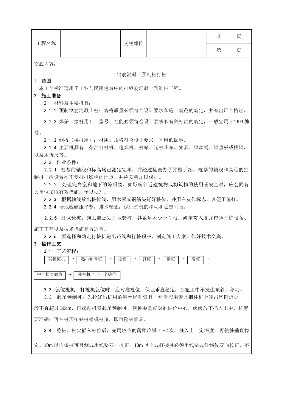 全套建筑工程、安装工程施工技术交底及安全交底-003_钢筋混凝土预制桩打桩施工 工艺.doc_第1页