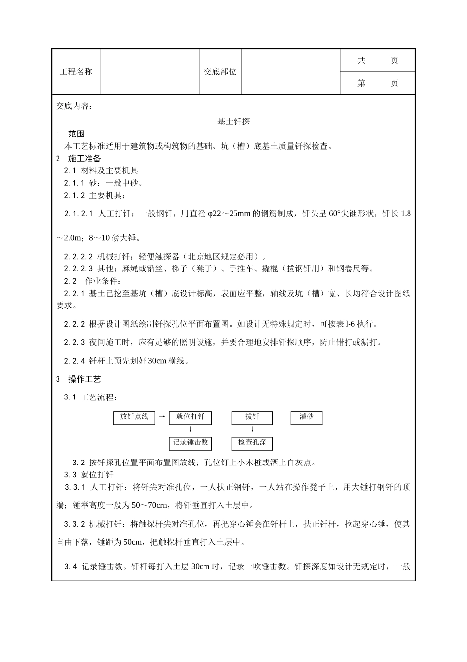 全套建筑工程、安装工程施工技术交底及安全交底-003_基土钎探施工工艺.doc_第1页