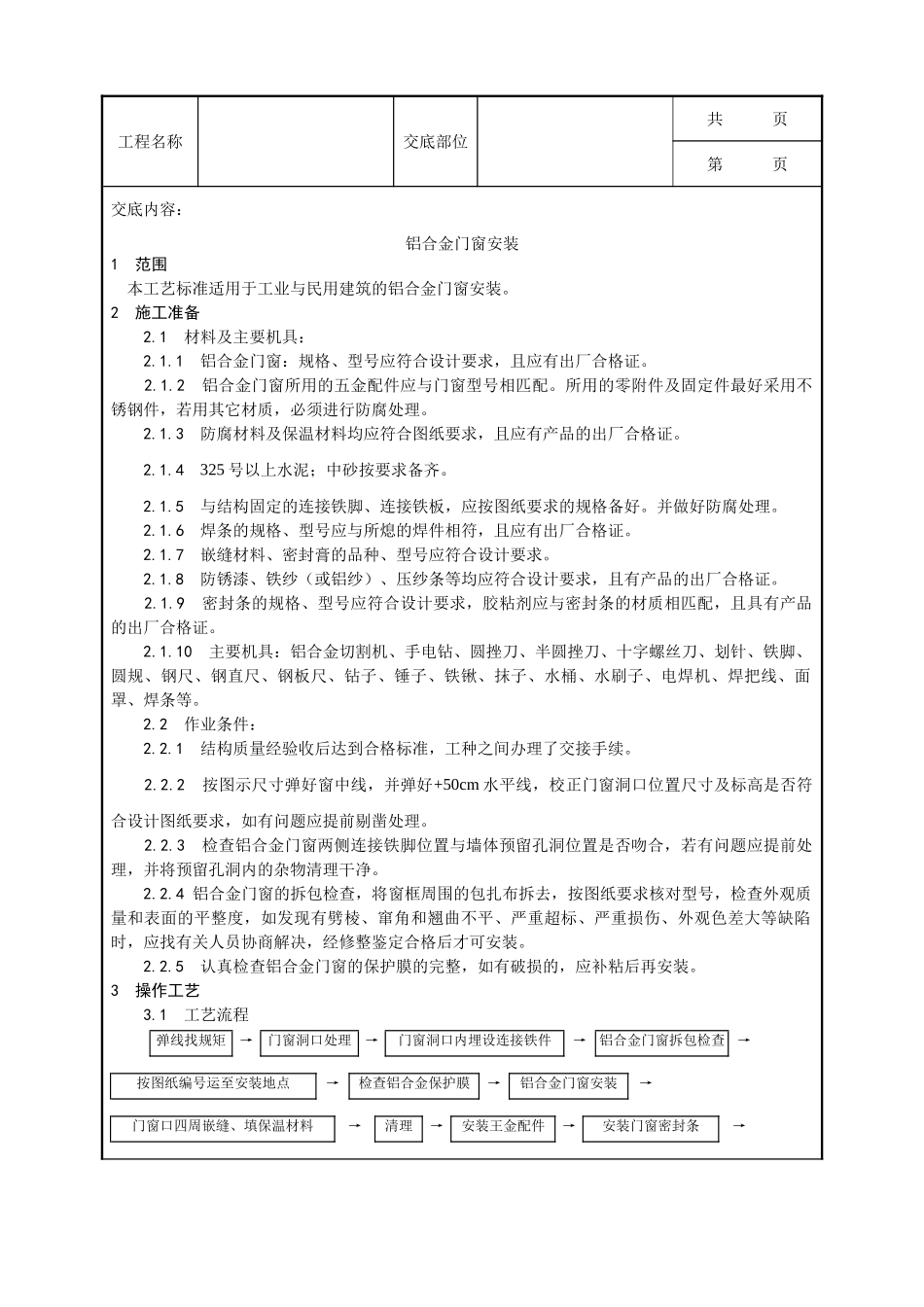 全套建筑工程、安装工程施工技术交底及安全交底-003_铝合金门窗安装工艺.doc_第1页