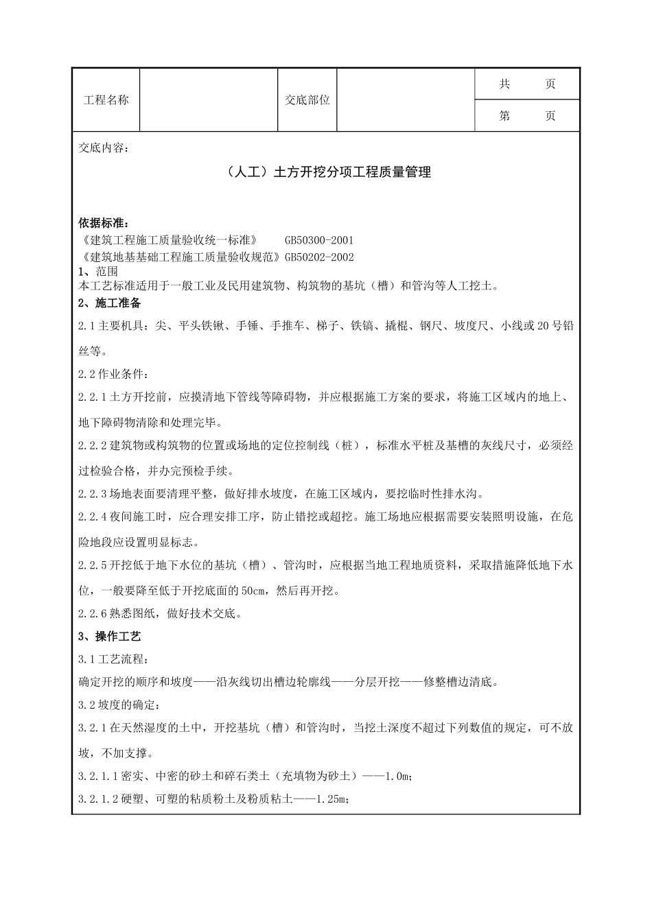 全套建筑工程、安装工程施工技术交底及安全交底-03-1 （人工）土方开挖分项工程质量管理.doc_第1页