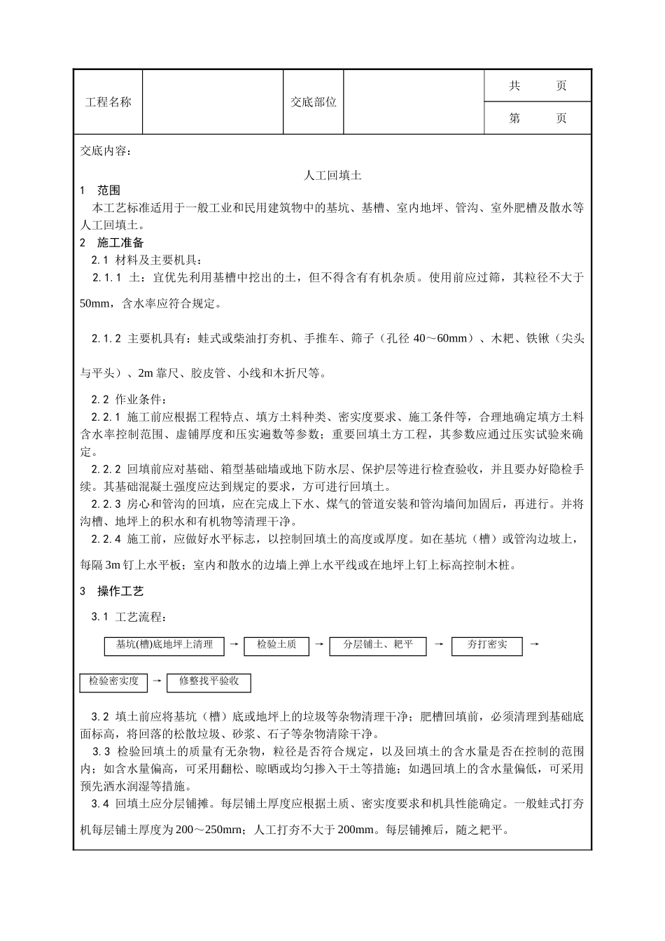 全套建筑工程、安装工程施工技术交底及安全交底-004_人工回填土施工工艺.doc_第1页