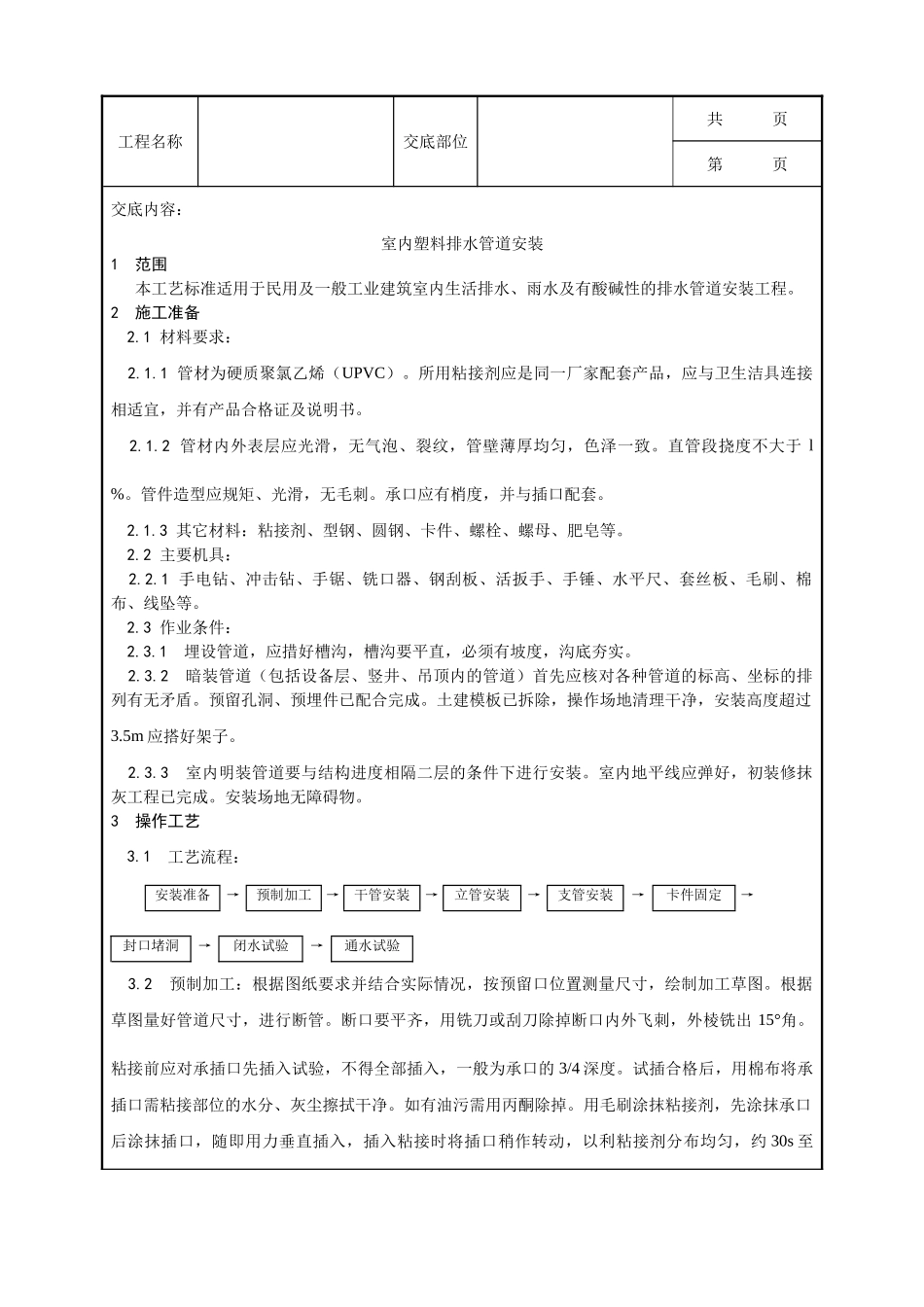全套建筑工程、安装工程施工技术交底及安全交底-004_室内塑料排水管道安装工艺.doc_第1页