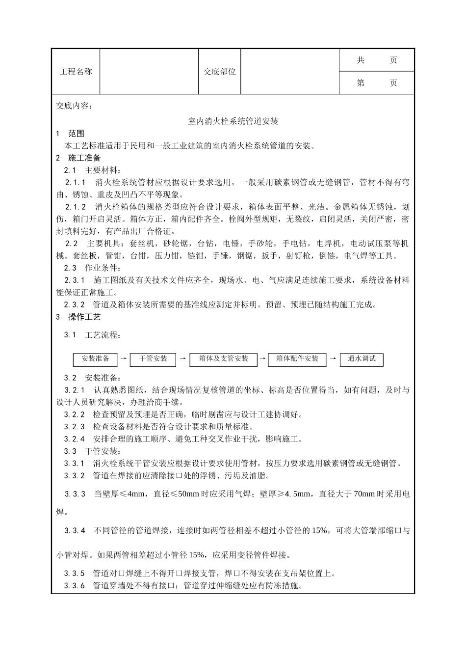 全套建筑工程、安装工程施工技术交底及安全交底-004_室内消火栓系统管道安装工艺.doc_第1页