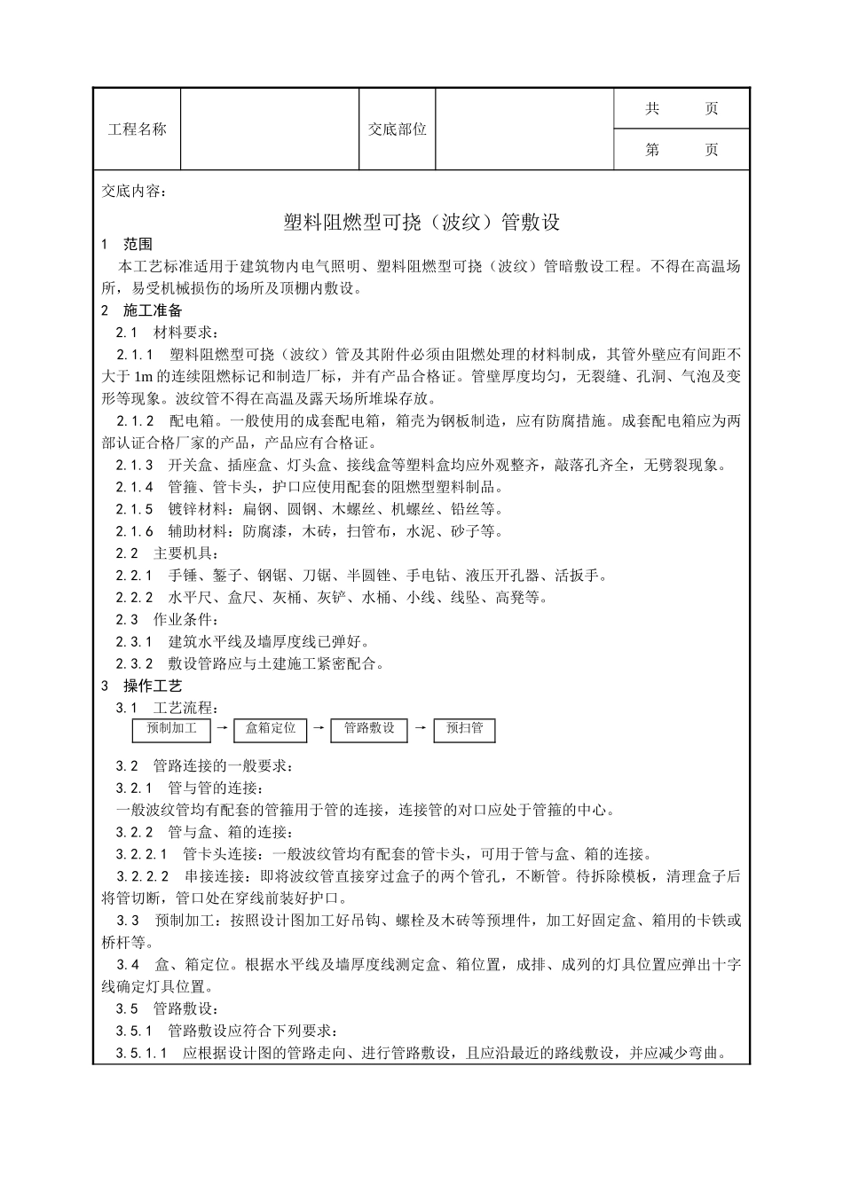 全套建筑工程、安装工程施工技术交底及安全交底-004_塑料阻燃型可挠（波纹）管敷设工艺.doc_第1页