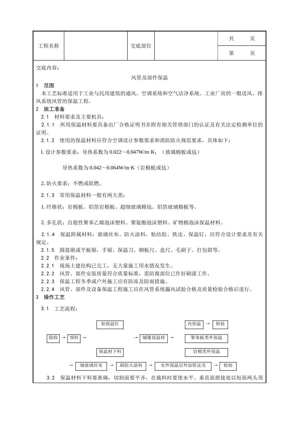 全套建筑工程、安装工程施工技术交底及安全交底-005_风管及部件保温工艺.doc_第1页