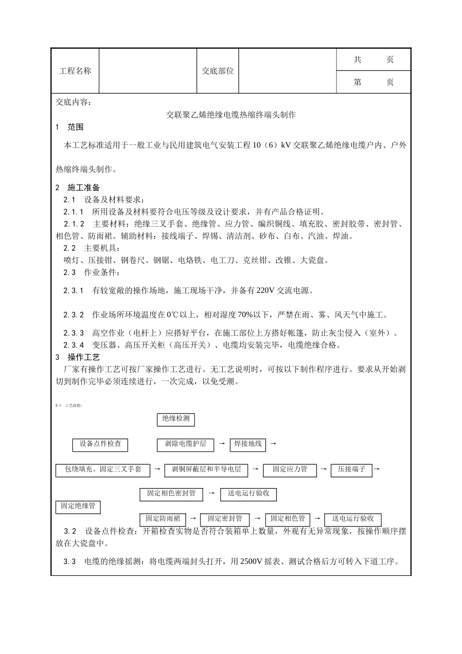 全套建筑工程、安装工程施工技术交底及安全交底-005_交联聚乙烯绝缘电缆热缩终端头制作工艺.doc_第1页