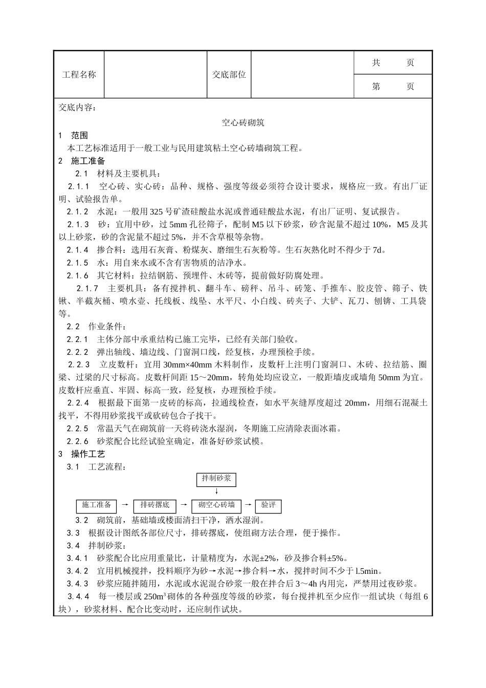 全套建筑工程、安装工程施工技术交底及安全交底-005_空心砖砌筑工艺.doc_第1页