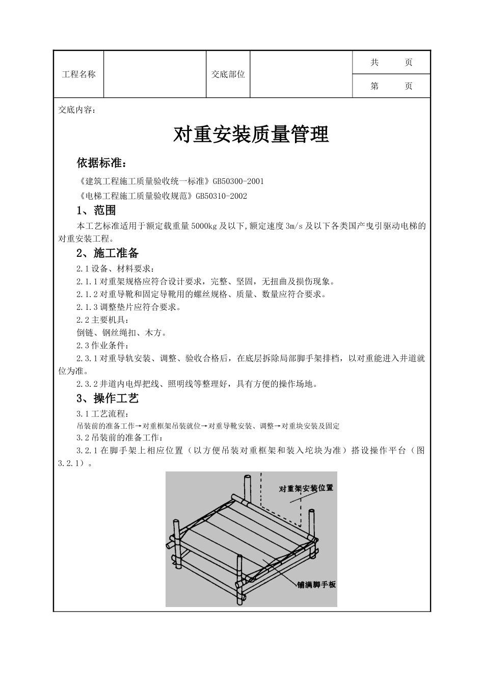 全套建筑工程、安装工程施工技术交底及安全交底-05 对重安装质量管理.doc_第1页
