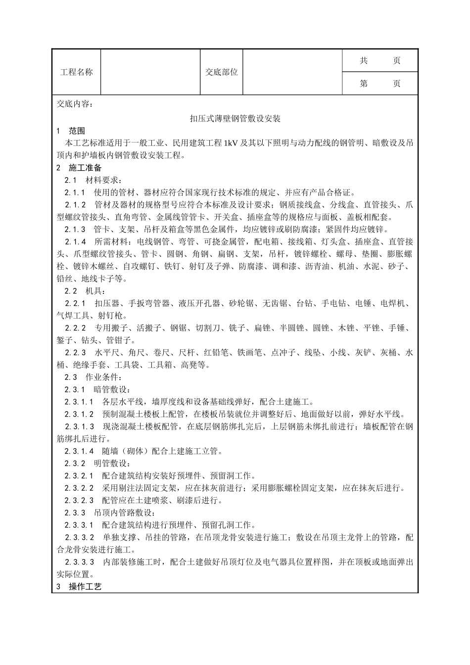 全套建筑工程、安装工程施工技术交底及安全交底-006_扣压式薄壁钢管敷设安装工艺.doc_第1页