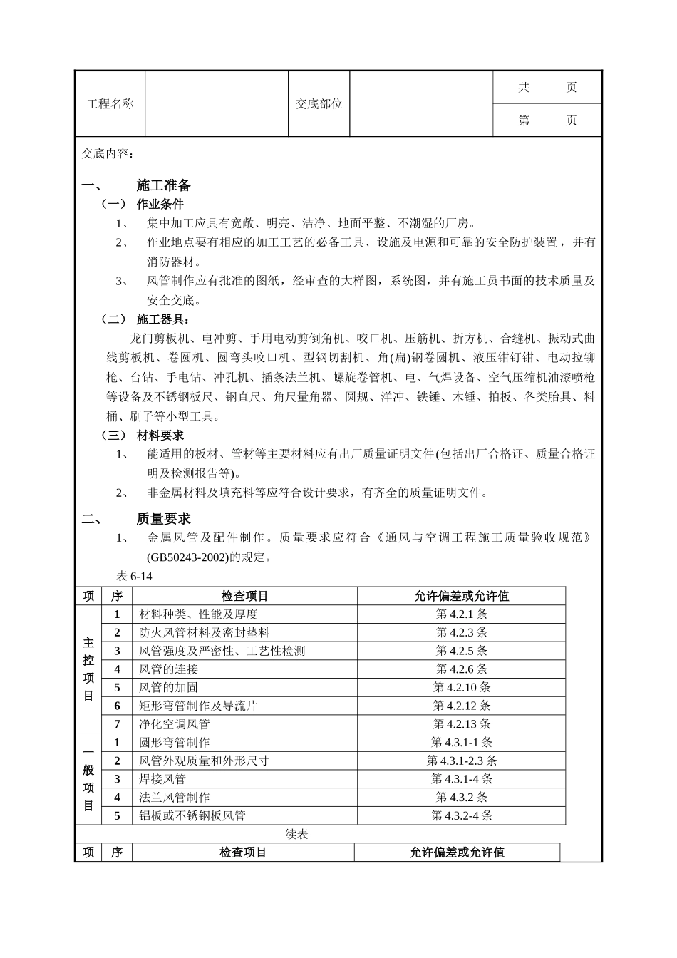 全套建筑工程、安装工程施工技术交底及安全交底-06通风管道及部件制作工程.doc_第1页