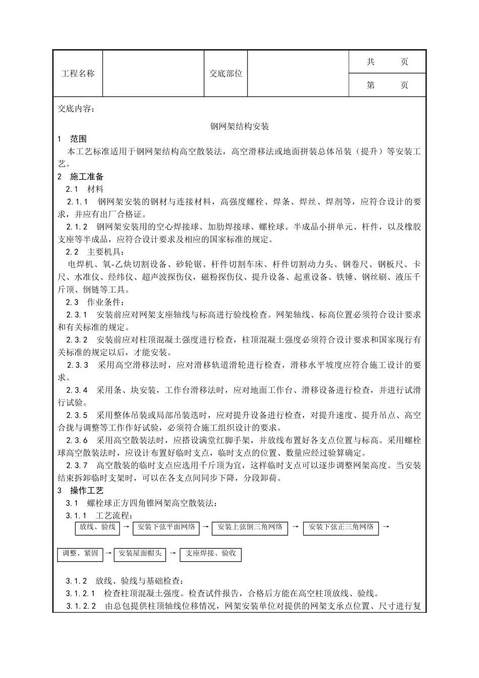 全套建筑工程、安装工程施工技术交底及安全交底-007_钢网架结构安装工艺.doc_第1页