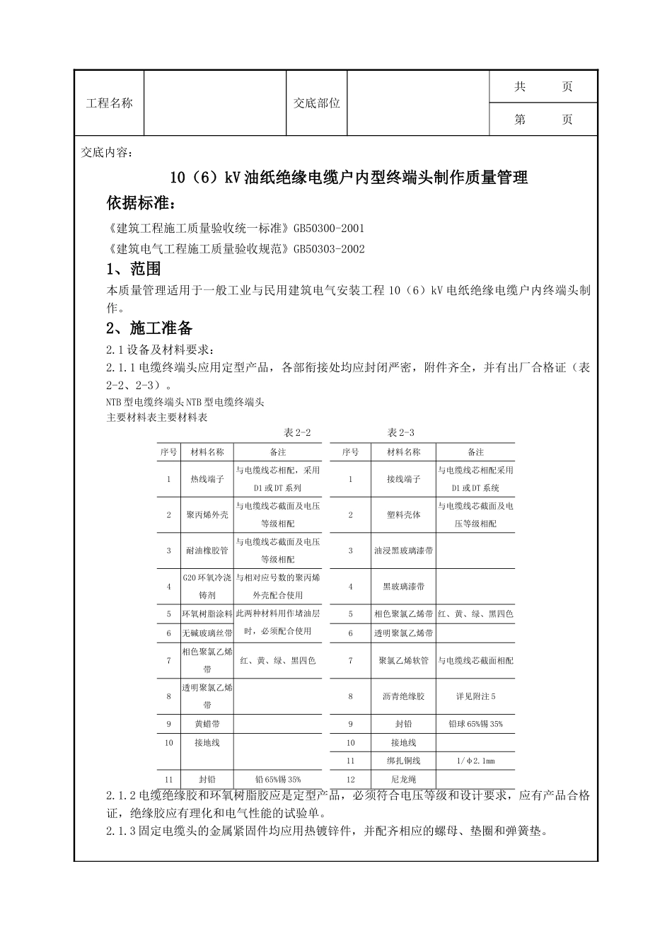 全套建筑工程、安装工程施工技术交底及安全交底-07-4 10（6）kV油纸绝缘电缆户内型终端头制作质量管理.doc_第1页