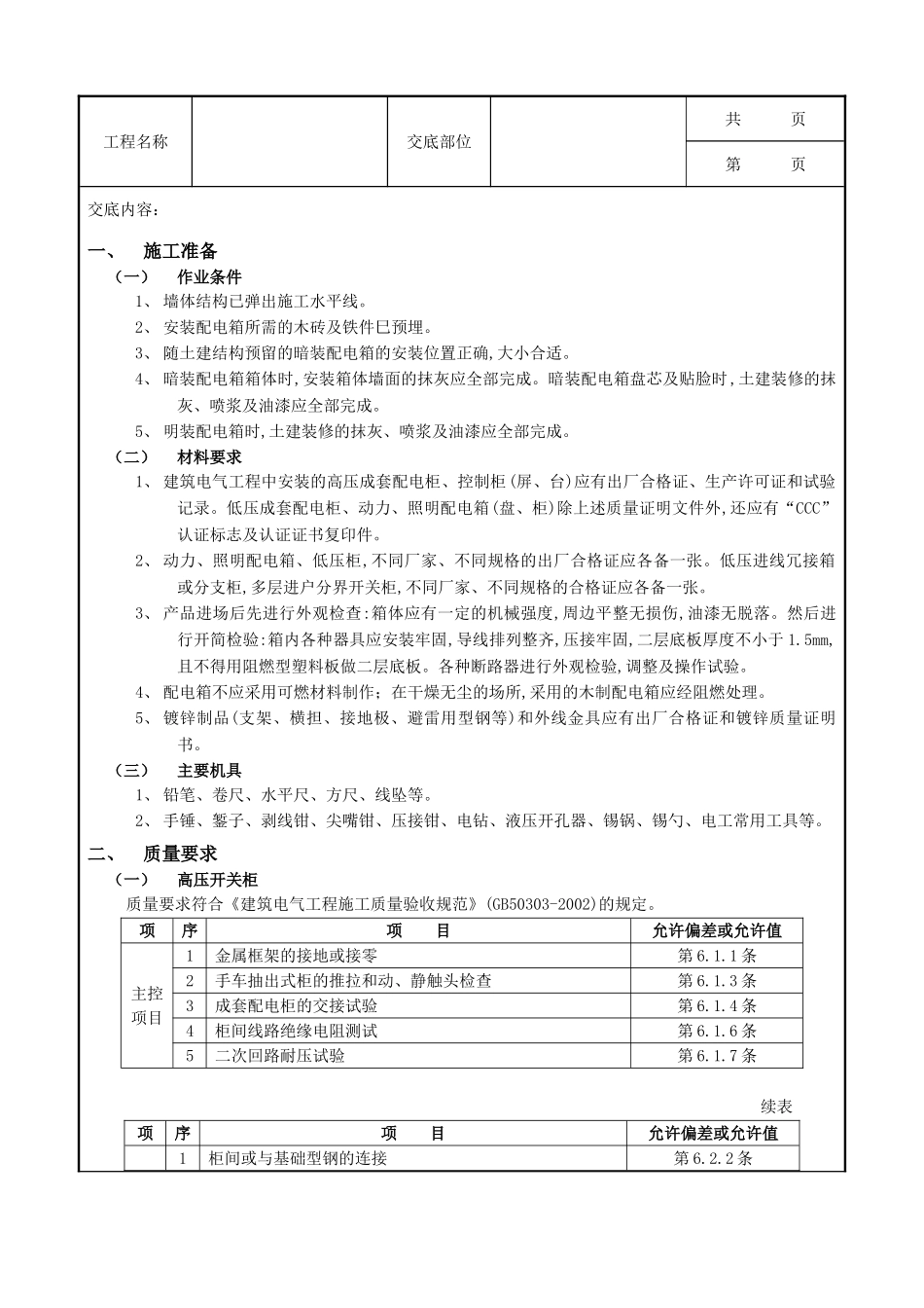 全套建筑工程、安装工程施工技术交底及安全交底-07配电箱安装工程.doc_第1页