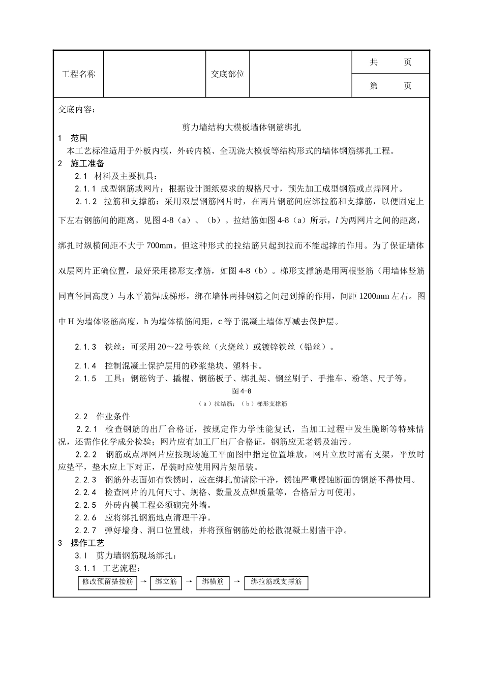 全套建筑工程、安装工程施工技术交底及安全交底-008_剪力墙结构大模板墙体钢筋绑扎工艺.doc_第1页