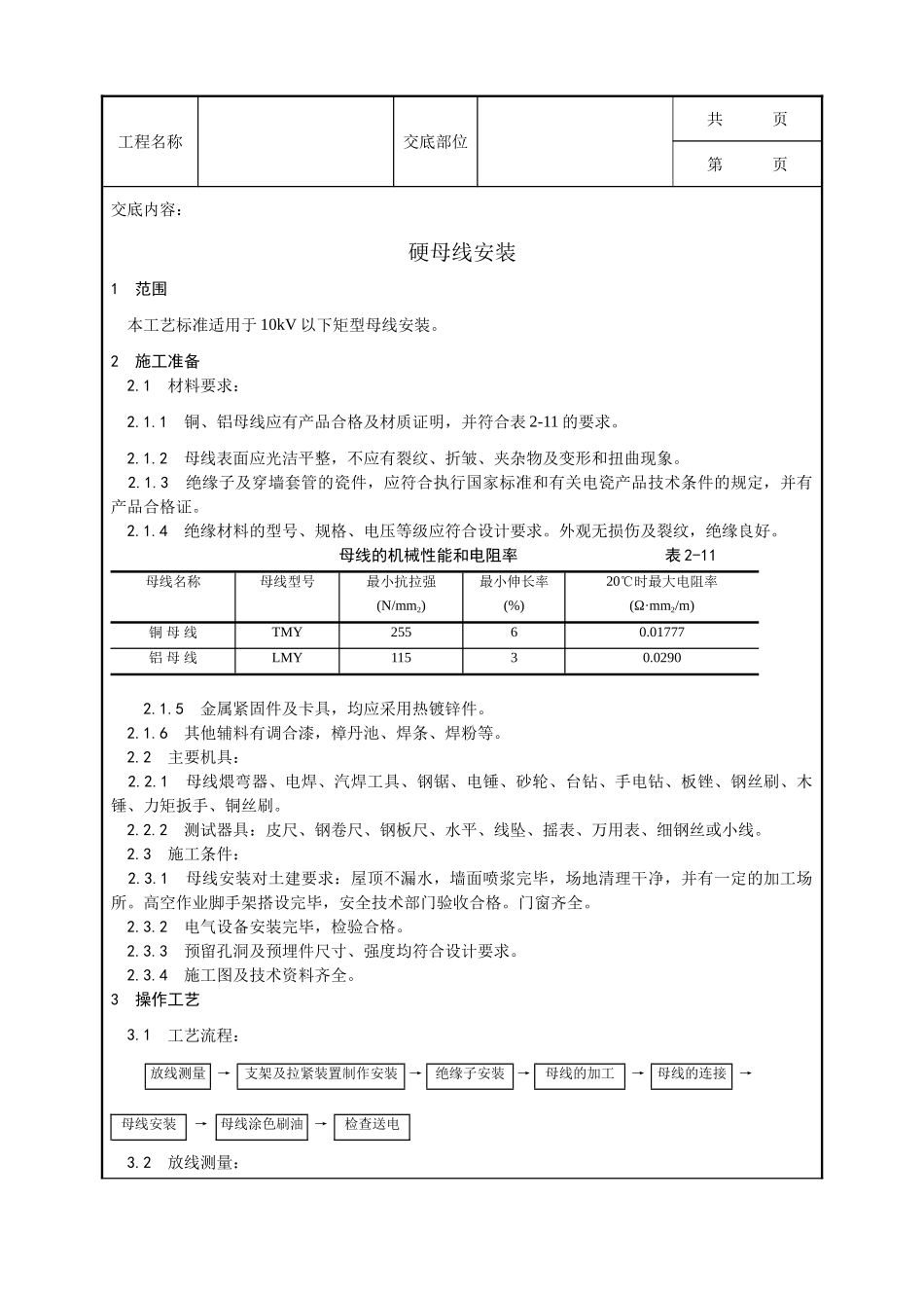 全套建筑工程、安装工程施工技术交底及安全交底-008_硬母线安装工艺.doc_第1页