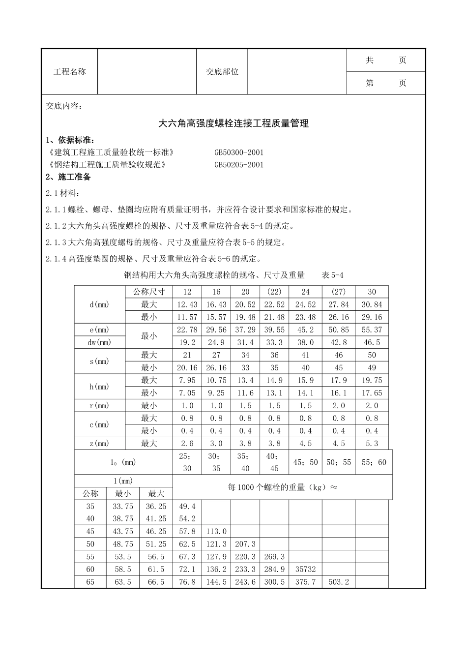 全套建筑工程、安装工程施工技术交底及安全交底-08 大六角高强度螺栓连接分项工程质量管理.doc_第1页