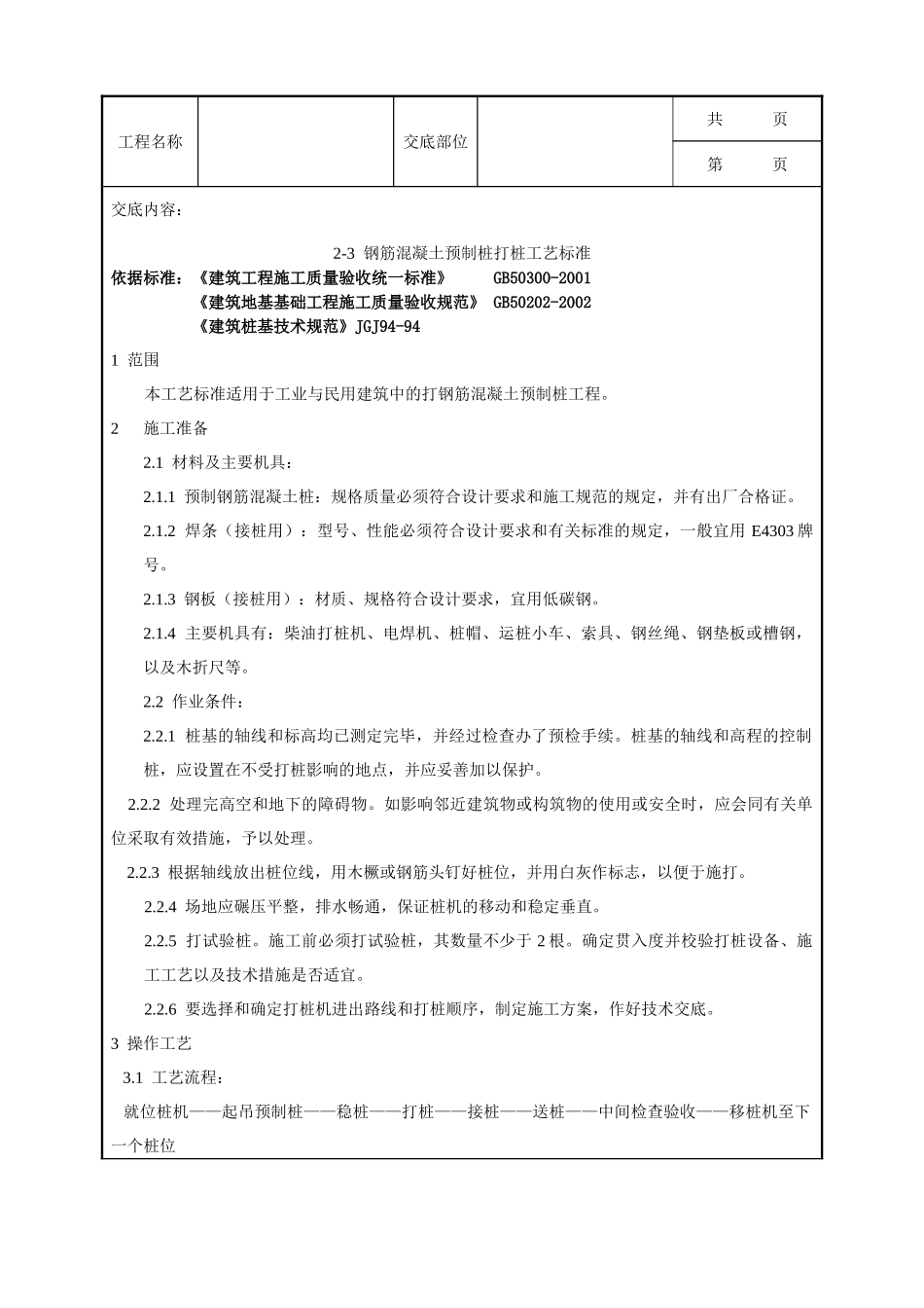 全套建筑工程、安装工程施工技术交底及安全交底-08-2 钢筋混凝土预制桩打桩工艺标准.doc_第1页