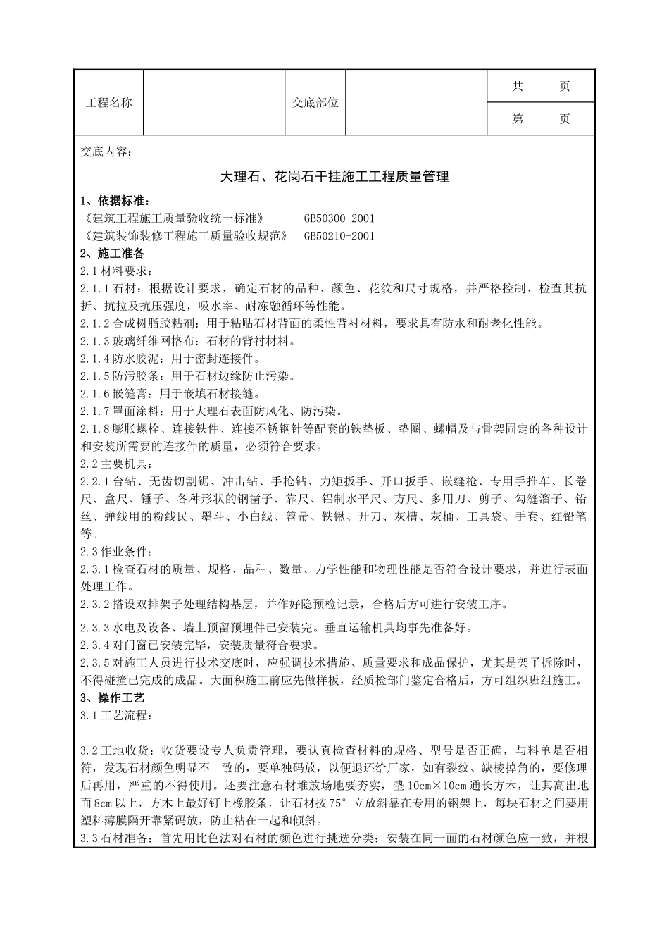 全套建筑工程、安装工程施工技术交底及安全交底-09-2 大理石、花岗石干挂施工分项工程质量管理.doc_第1页