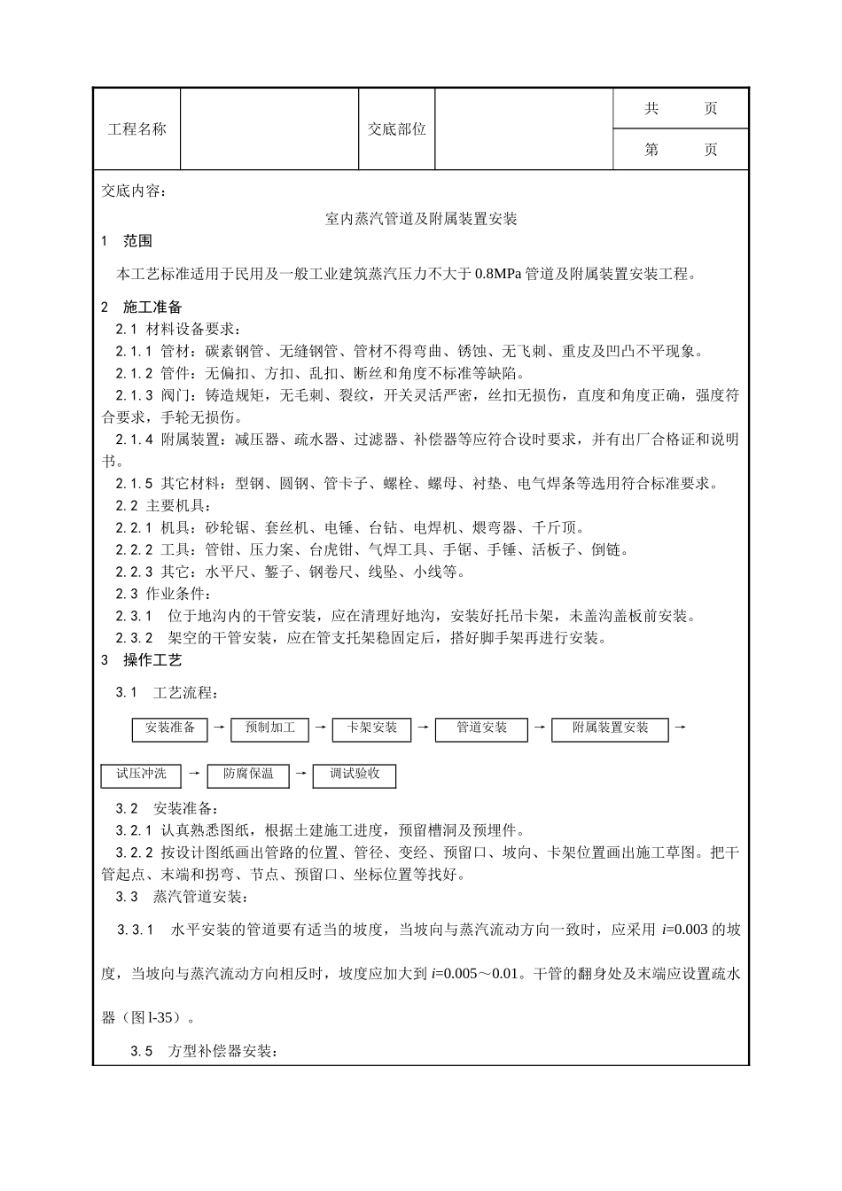 全套建筑工程、安装工程施工技术交底及安全交底-010_室内蒸汽管道及附属装置安装工艺.doc_第1页