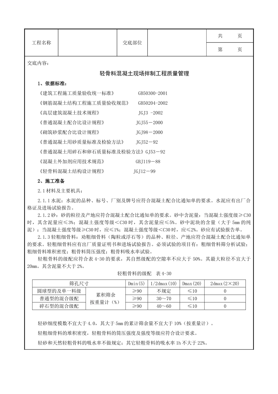 全套建筑工程、安装工程施工技术交底及安全交底-10   轻骨料混凝土现场拌制分项工程质量管理.doc_第1页