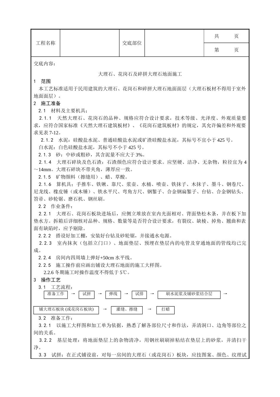 全套建筑工程、安装工程施工技术交底及安全交底-011_大理石、花岗石及碎拼大理石地面施工工艺.doc_第1页