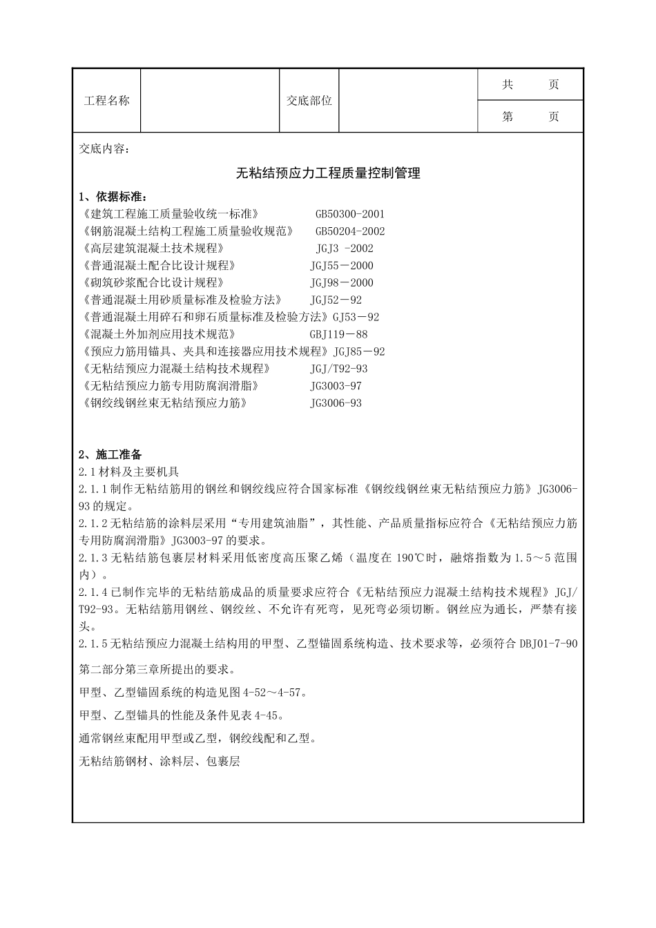 全套建筑工程、安装工程施工技术交底及安全交底-11   无粘结预应力分项工程质量管理.doc_第1页