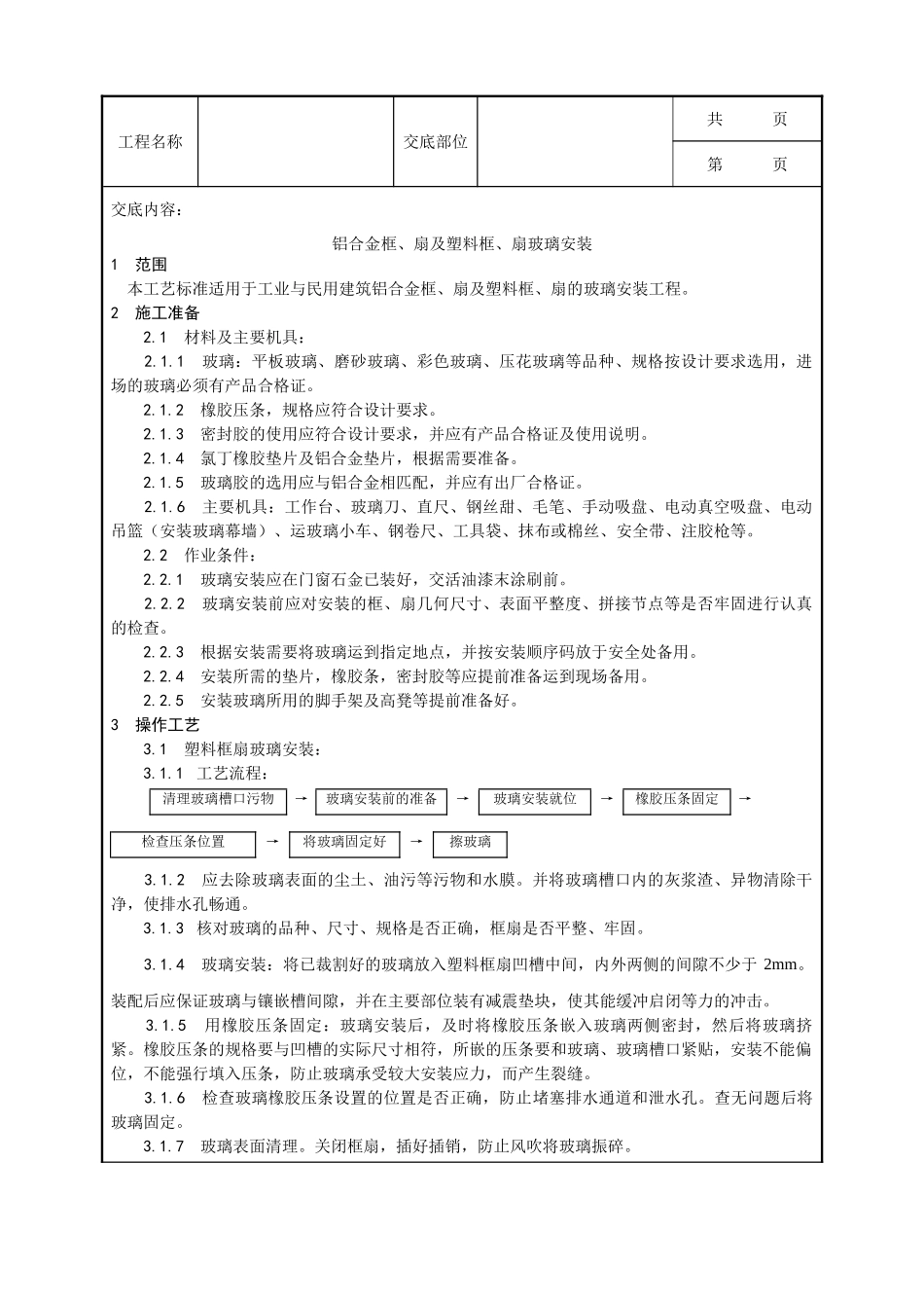 全套建筑工程、安装工程施工技术交底及安全交底-012_铝合金框、扇及塑料框、扇玻璃安装工艺.doc_第1页